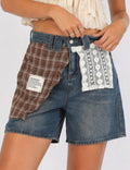 Ladies  Plaid Lace Patchwork Wide Leg Denim Shorts