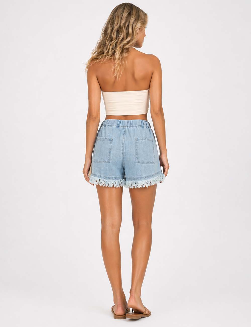 Ladies Solid Color Drawstring Waist Frayed Hem Denim Shorts
