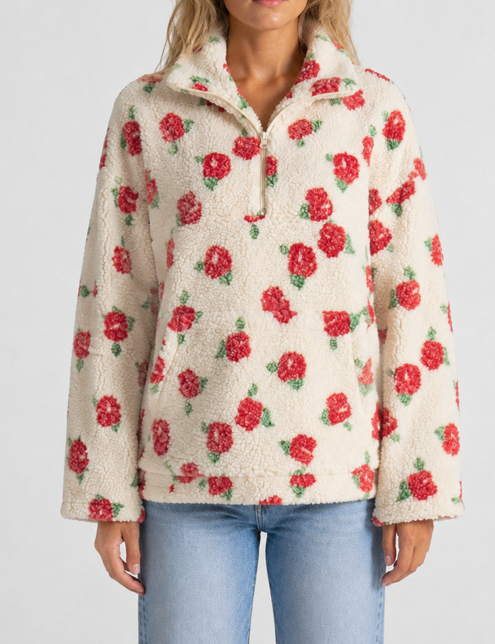 Ladies Casual Floral Pattern Zipper Front Fleece Pullover Sweatshirt