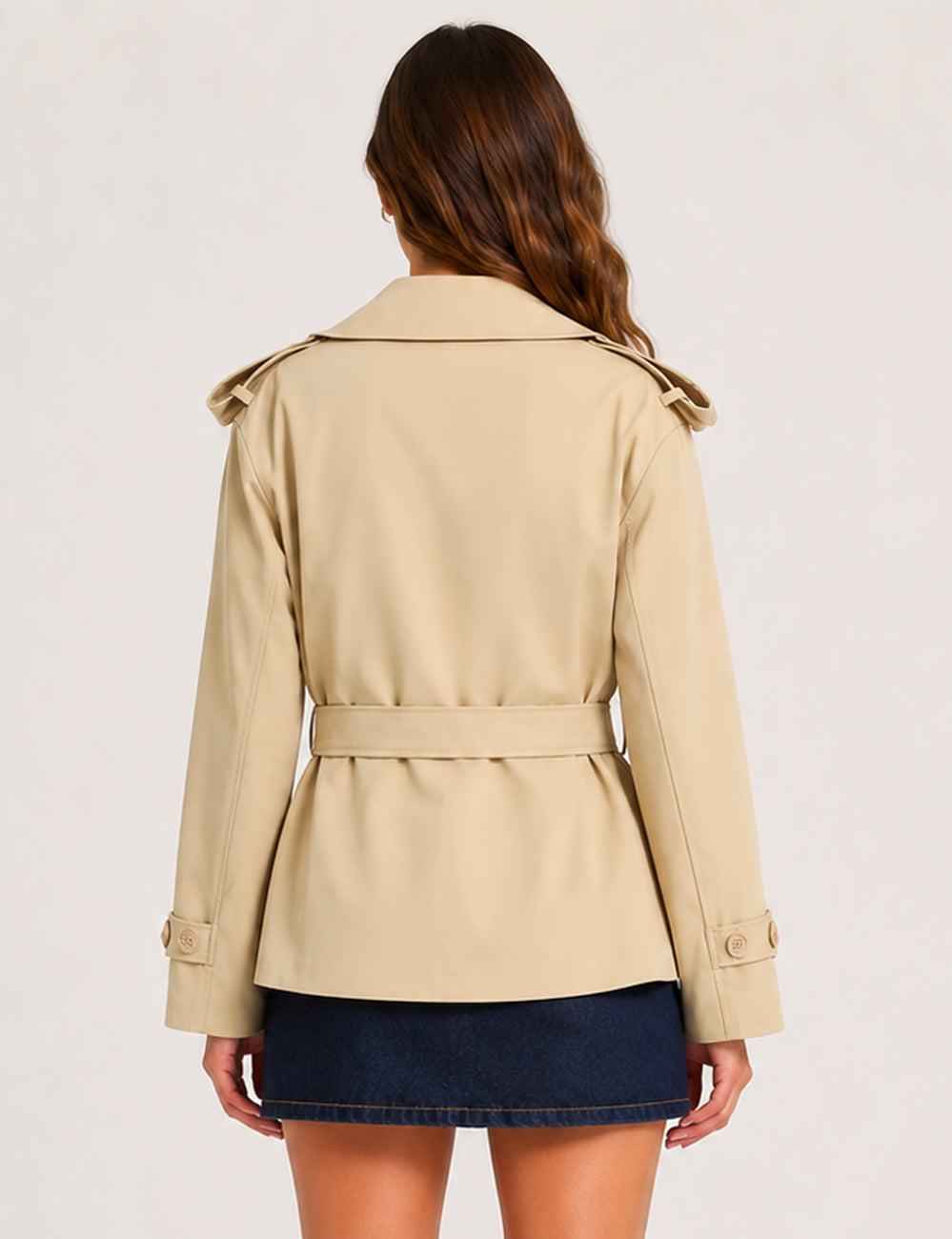 Ladies Lapel Collar Belted Short Trench Coat