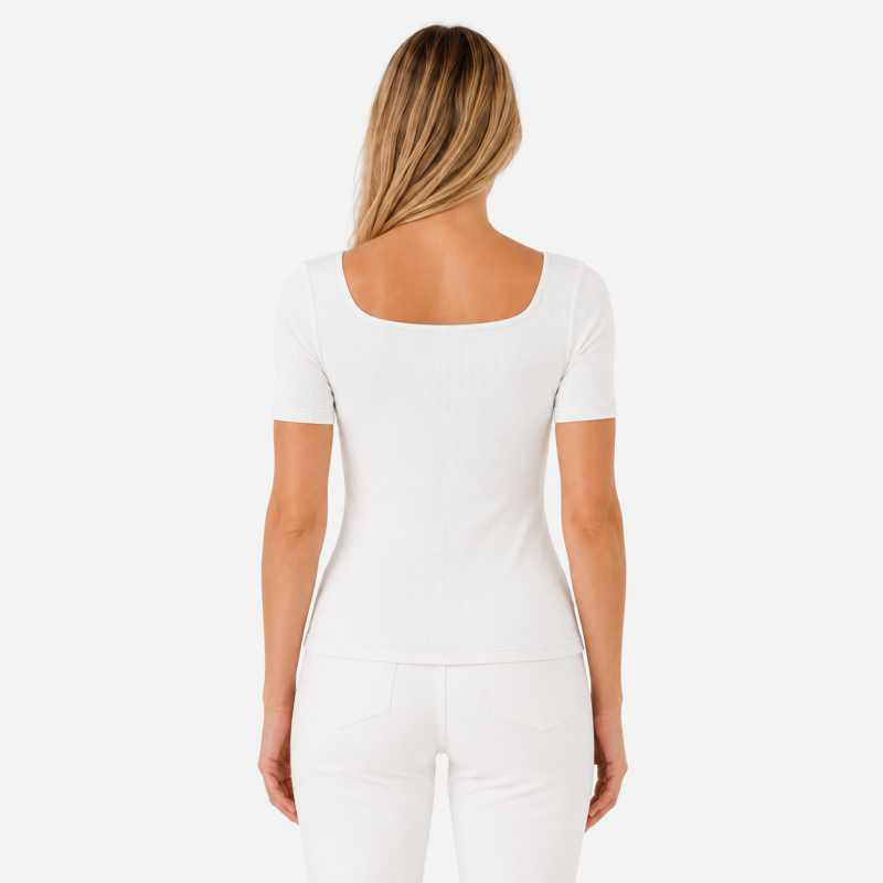 Ladies Scoop Neck Button Short Sleeve Top