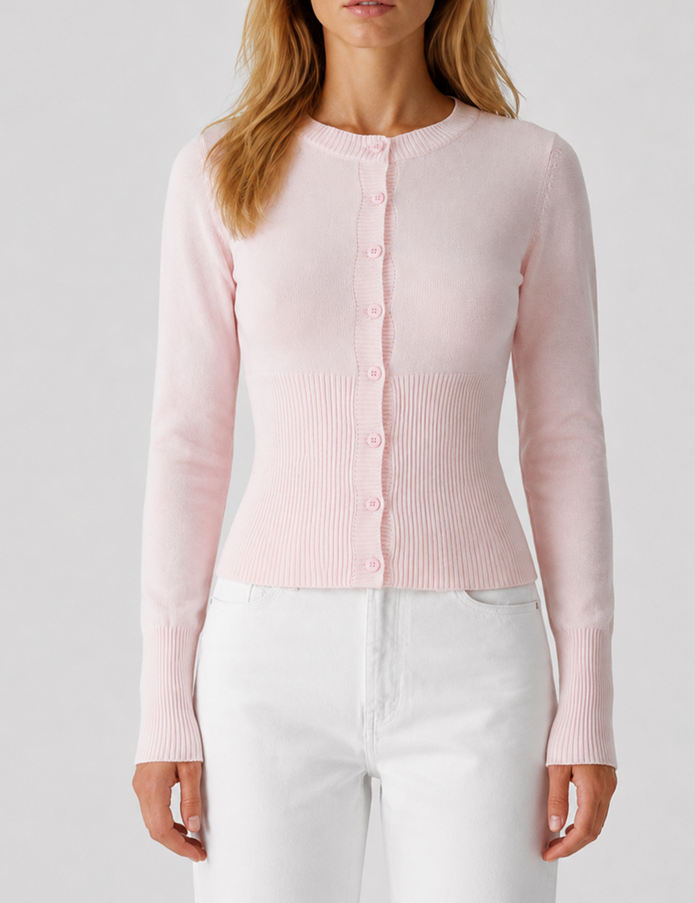 Ladies Button Front Ribbed Knit Cardigan