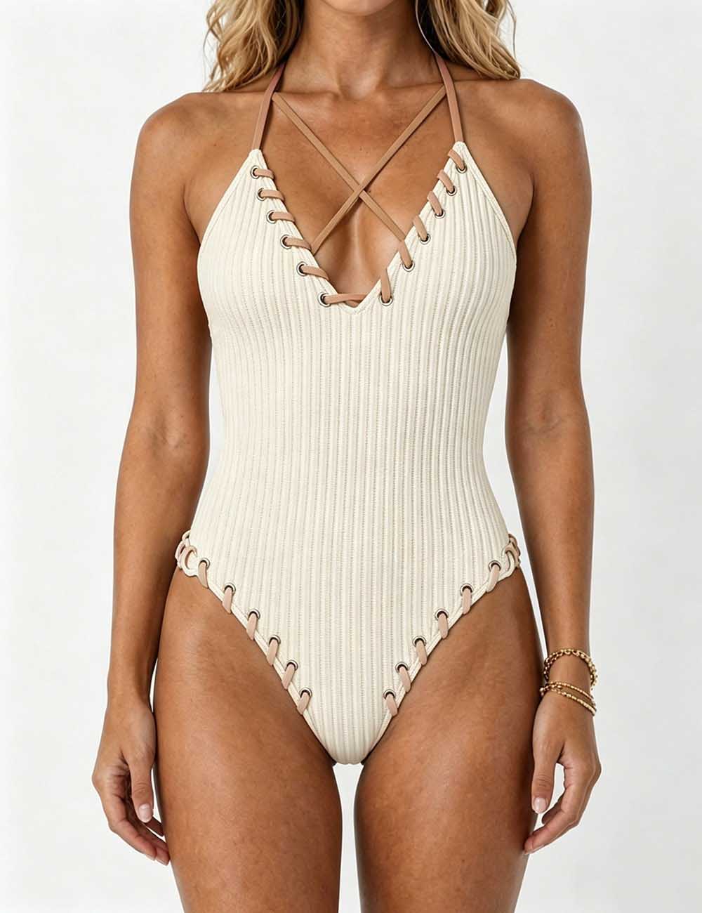 Ladies Lace-Up Accents Along High Leg Cut One Piece Swimsuit