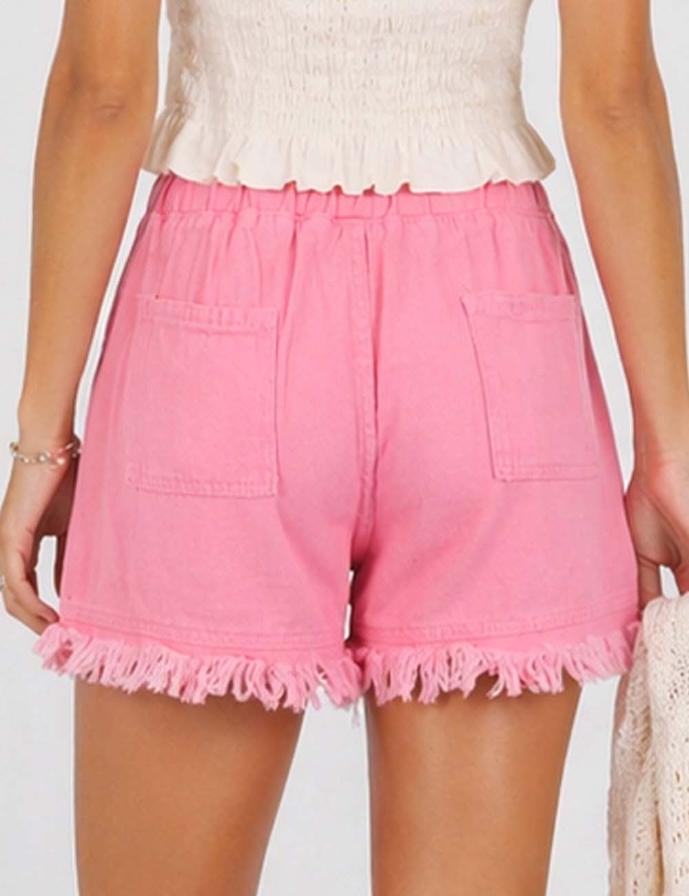Ladies Solid Color Drawstring Waist Frayed Hem Denim Shorts