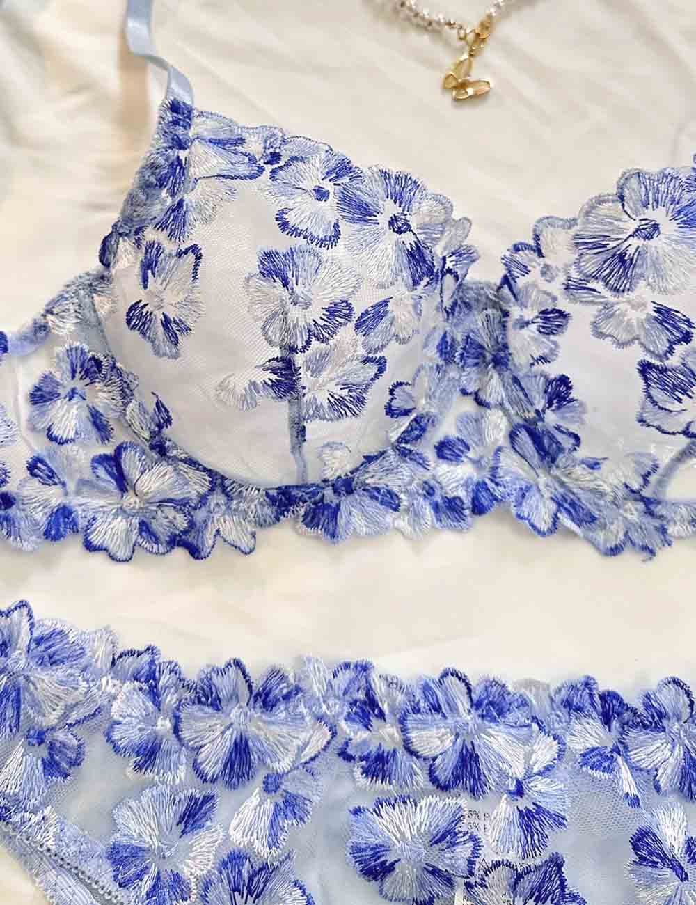 Ladies Floral Embroidery See Through 2PCS Lingerie Set 8HF4113