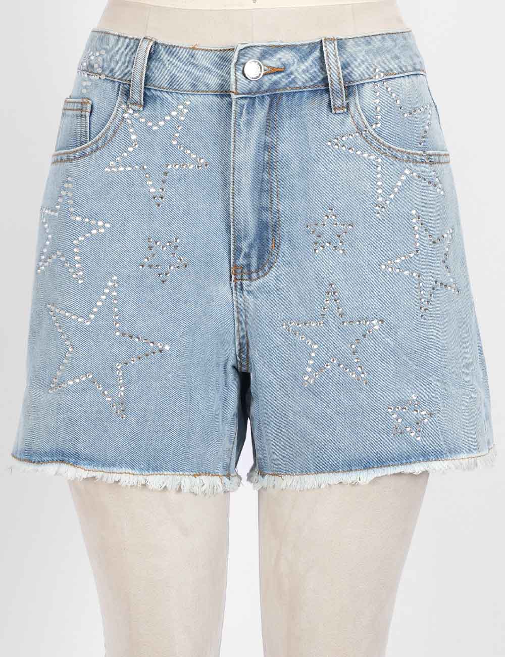 Ladies Rhinestone Star Raw Edge Hem Denim Shorts