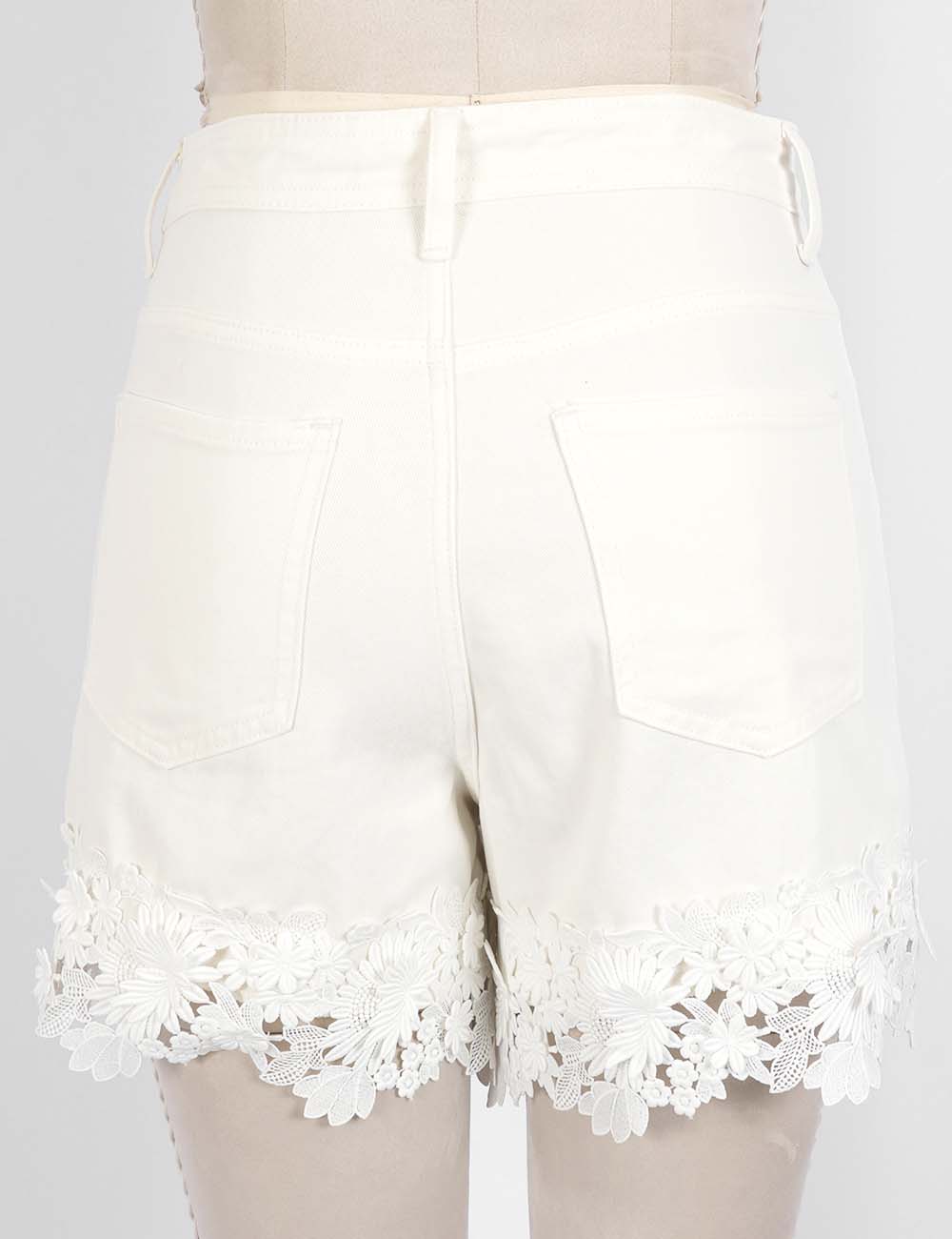Ladies Floral Lace Trim Solid Color Denim Shorts