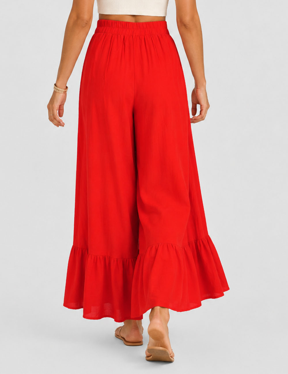 Ladies Elastic Waist Ruffle Wide Leg Pants
