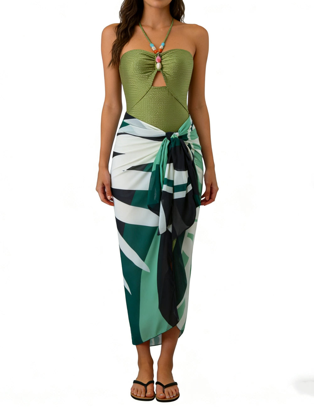 Ladies Tropical Leaf Print Chiffon Wrap Sarong Swim Cover Up