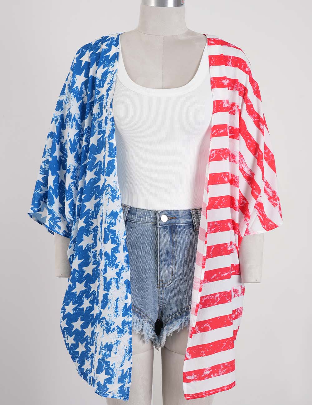 Ladies 4th of July Striped Star Print Kimono Sleeves Beach Cover Up