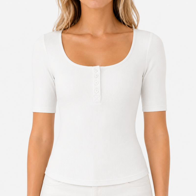 Ladies Scoop Neck Button Short Sleeve Top