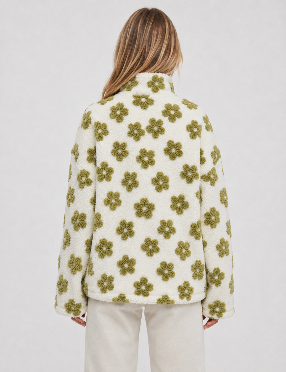 Ladies Casual Floral Pattern Zipper Front Fleece Pullover Sweatshirt