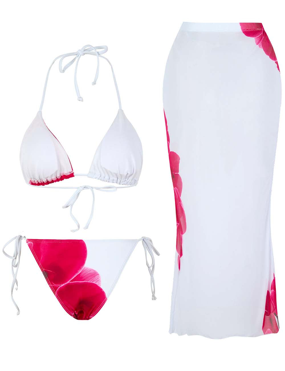 Ladies Floral Print 3 Piece Swimsuit Halter Triangle Bikini Set with Skirt