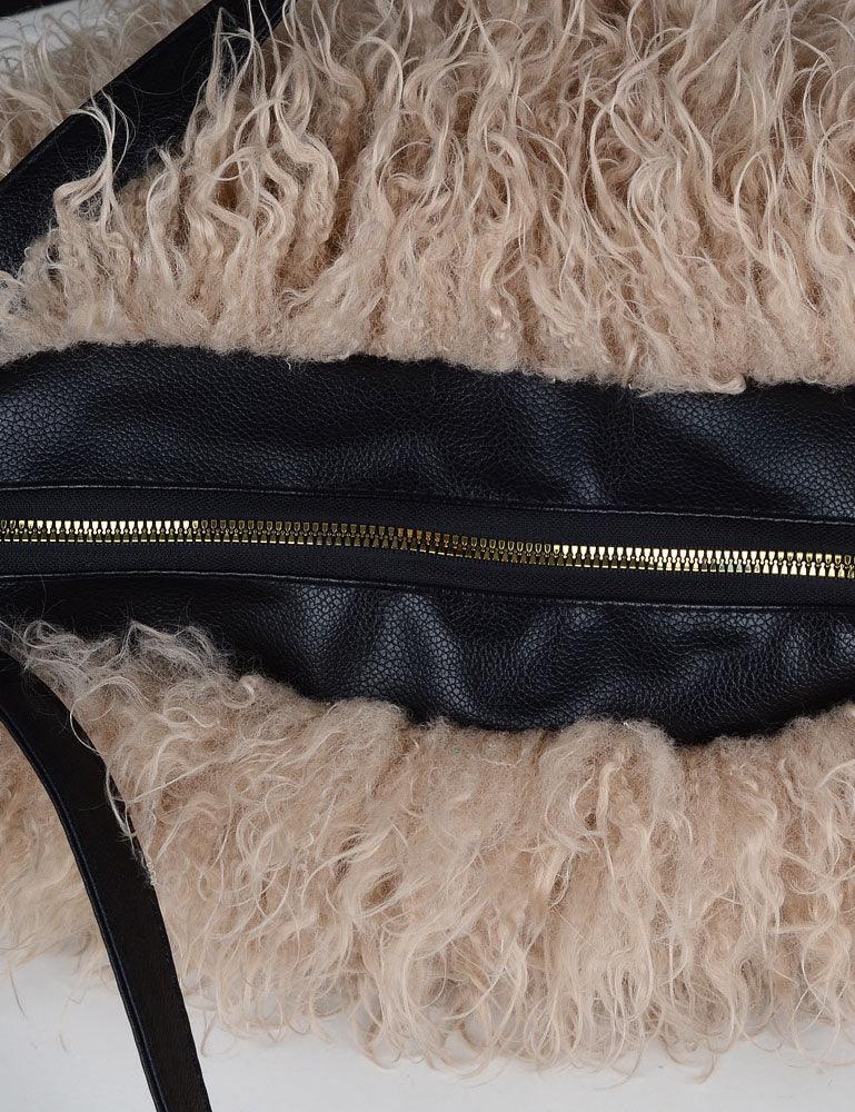 Ladies Faux Mongolian Fur Tote Two Shoulder Bag SKAB4094