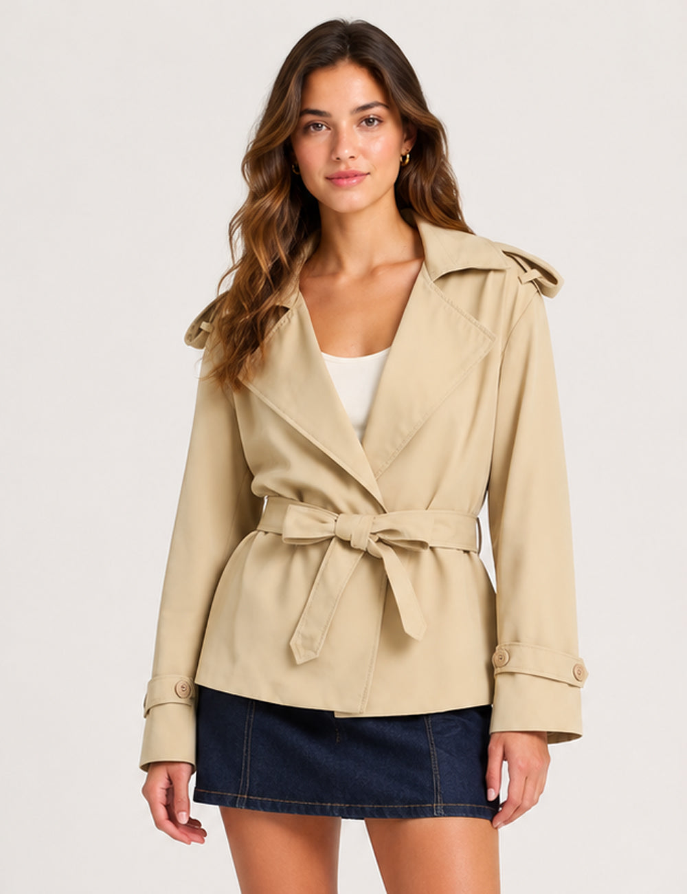 Ladies Lapel Collar Belted Short Trench Coat