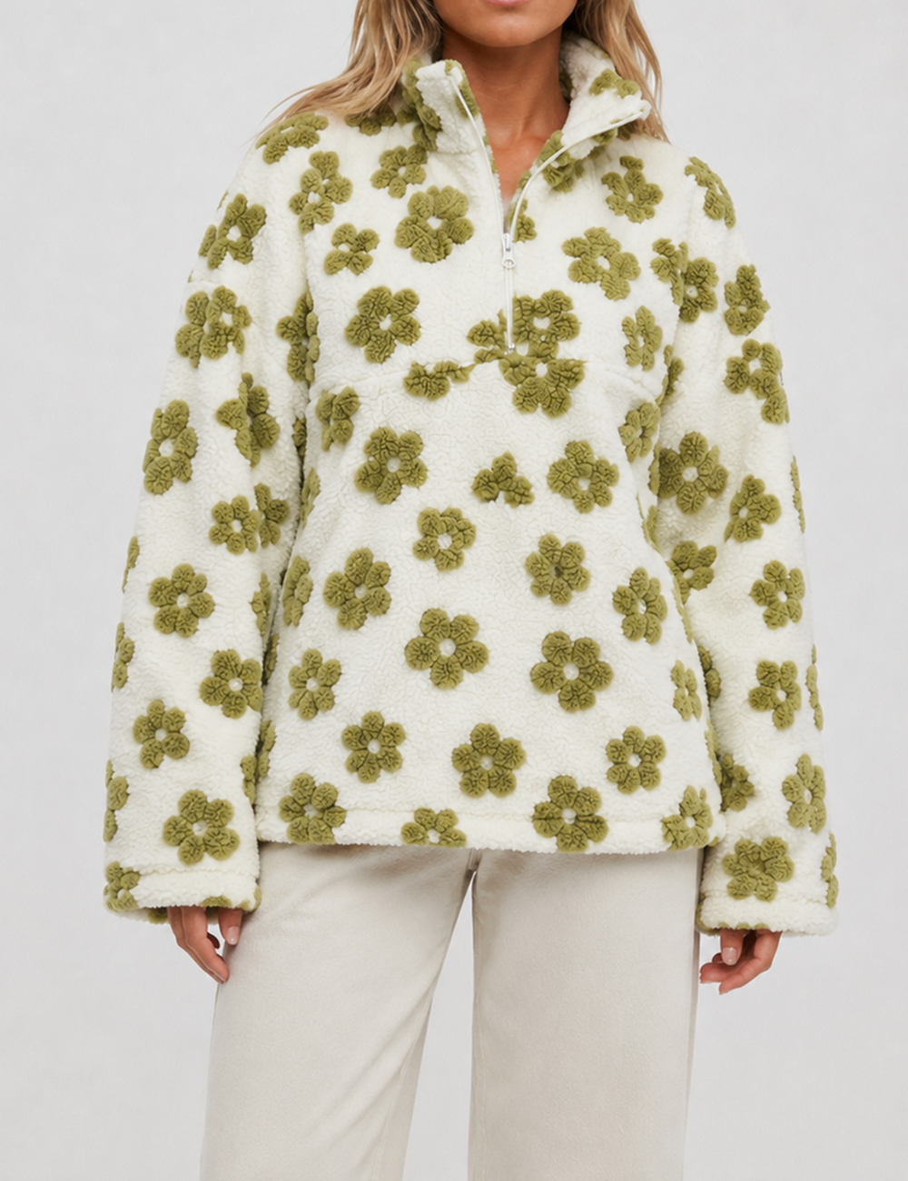 Ladies Casual Floral Pattern Zipper Front Fleece Pullover Sweatshirt