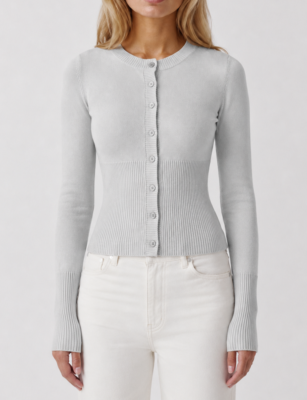 Ladies Button Front Ribbed Knit Cardigan