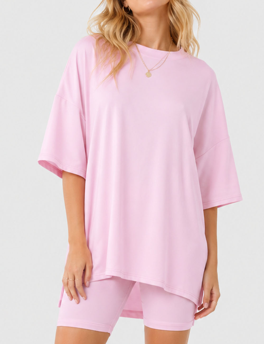 Ladies Solid Loungewear Outfits Loose Top & Slim Shorts Set