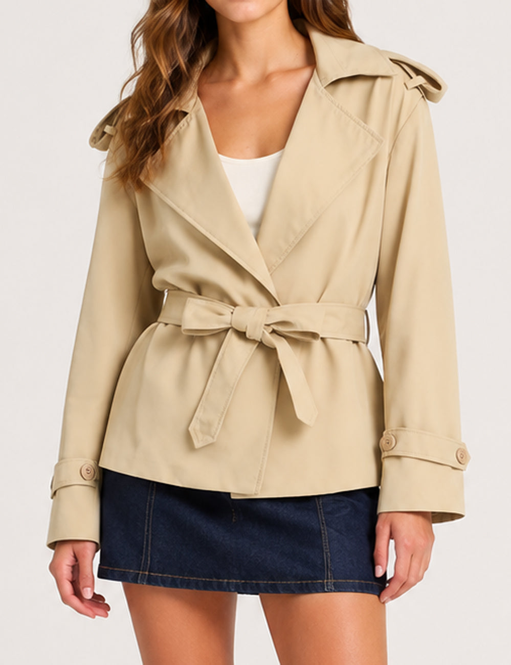 Ladies Lapel Collar Belted Short Trench Coat