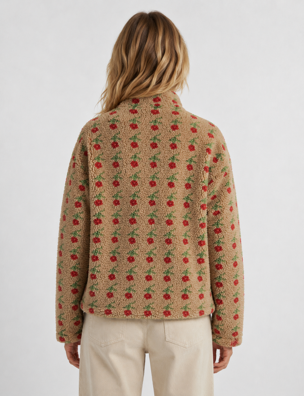 Ladies Casual Floral Pattern Zipper Front Fleece Pullover Sweatshirt
