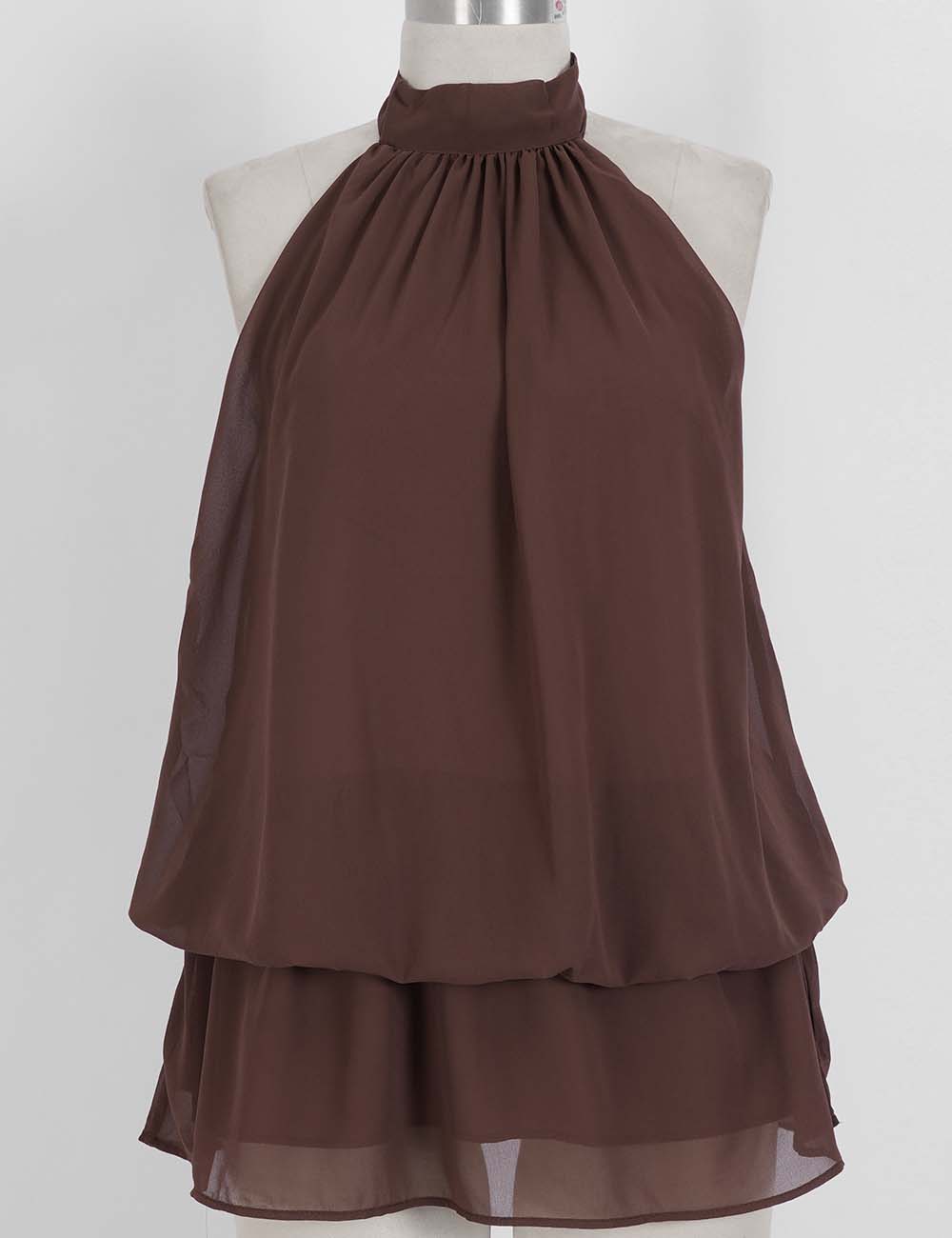 Ladies Chiffon Stand Neck Solid Color Ruffle Hem Sleeveless Top