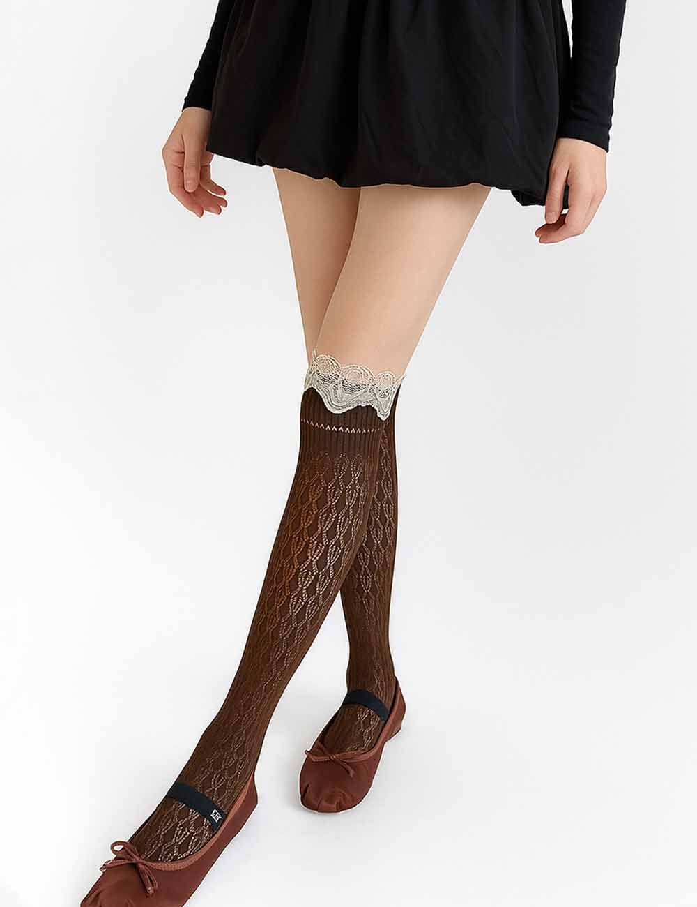 Ladies Vintage Lace Trim Knit Knee High Slouch Socks
