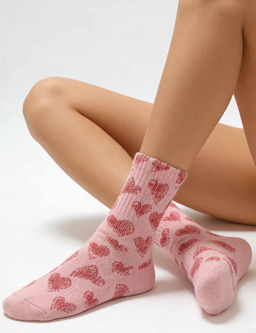 Ladies Valentine's Heart Pattern Ribbed Edge Knit Midi Calf Socks