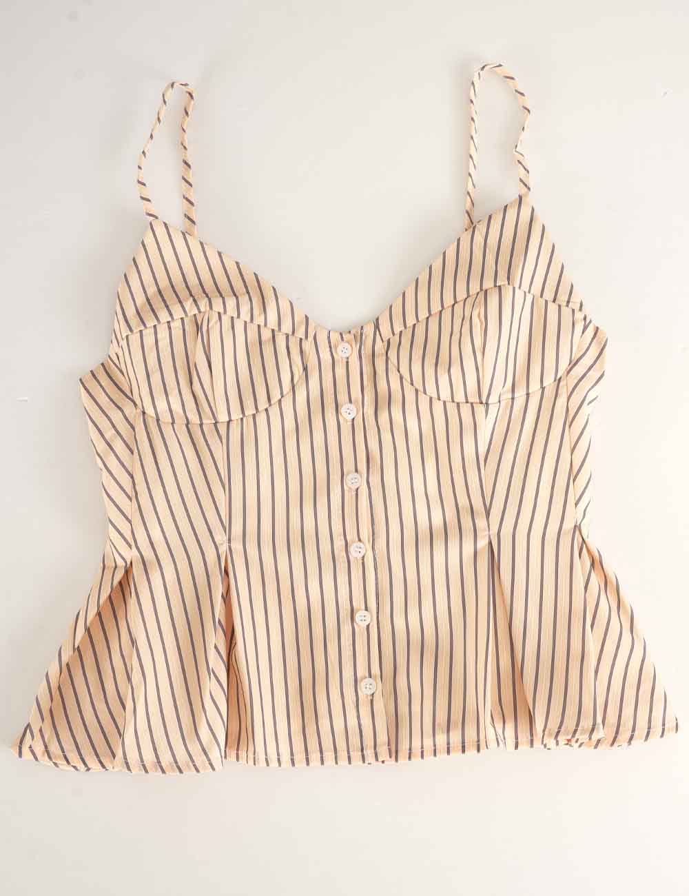 Ladies Chic Striped Spaghetti Strap Button Front Peplum Cami Top
