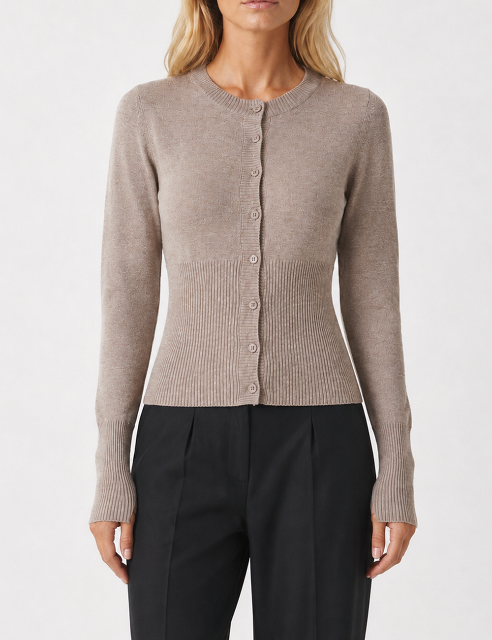 Ladies Button Front Ribbed Knit Cardigan
