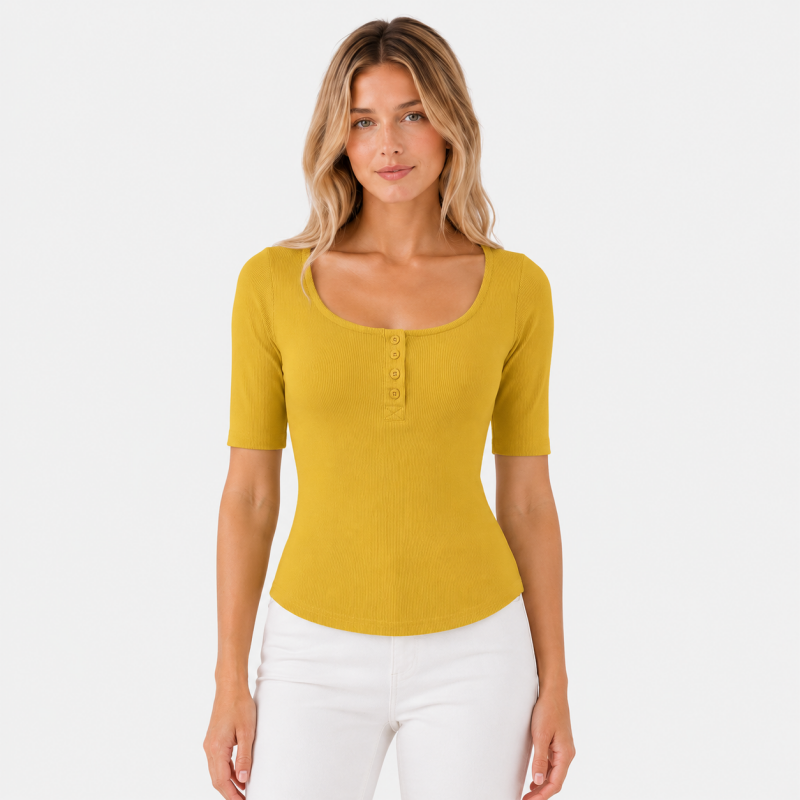 Ladies Scoop Neck Button Short Sleeve Top