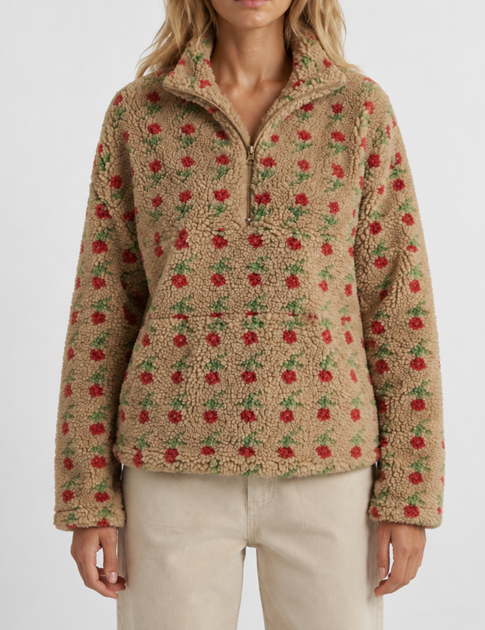 Ladies Casual Floral Pattern Zipper Front Fleece Pullover Sweatshirt
