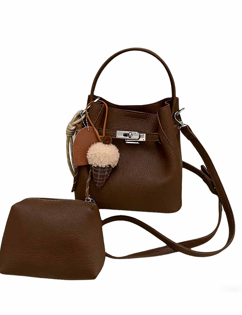 Ladies Litchi Faux Leather Crossbody Mini Bucket Bag Set