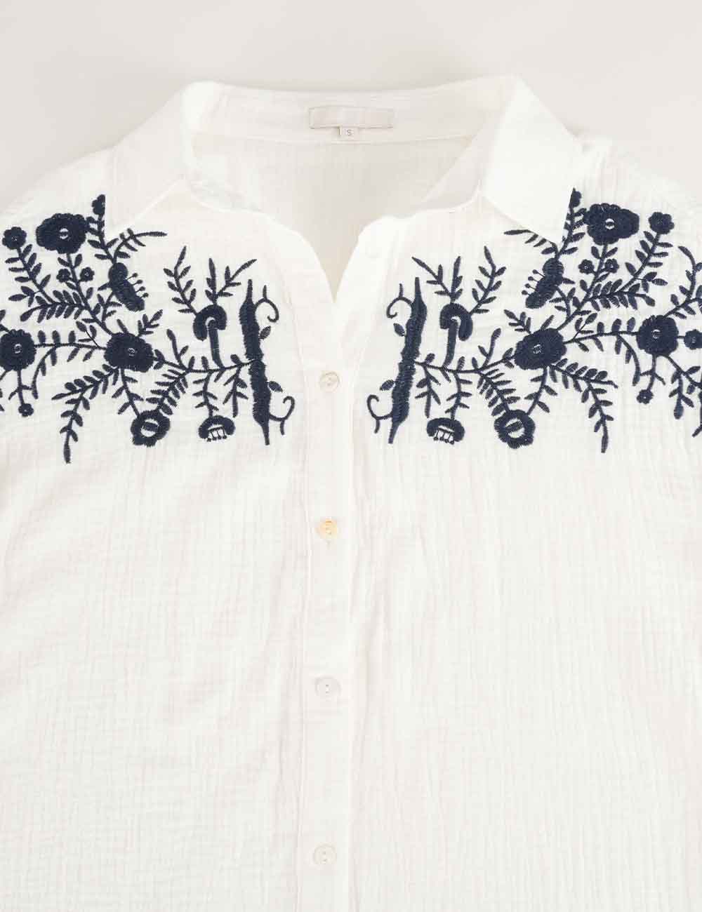 Ladies Embroidery Shirt Collar Button Down Short Sleeves Blouse