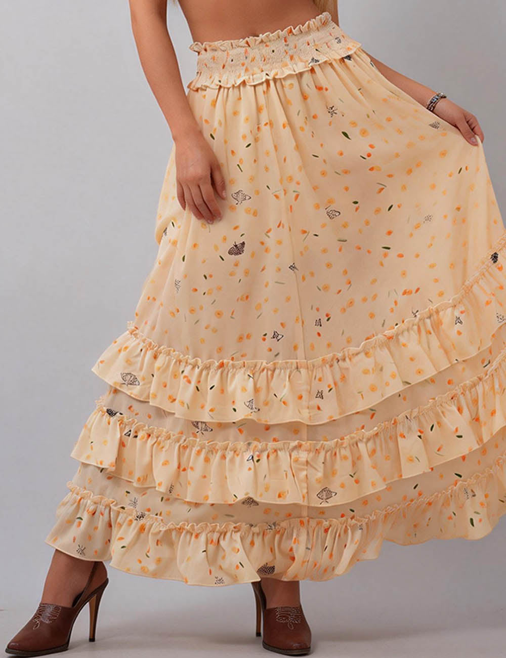 Ladies Floral Tiered Ruffle Smocked Waist Maxi Skirt