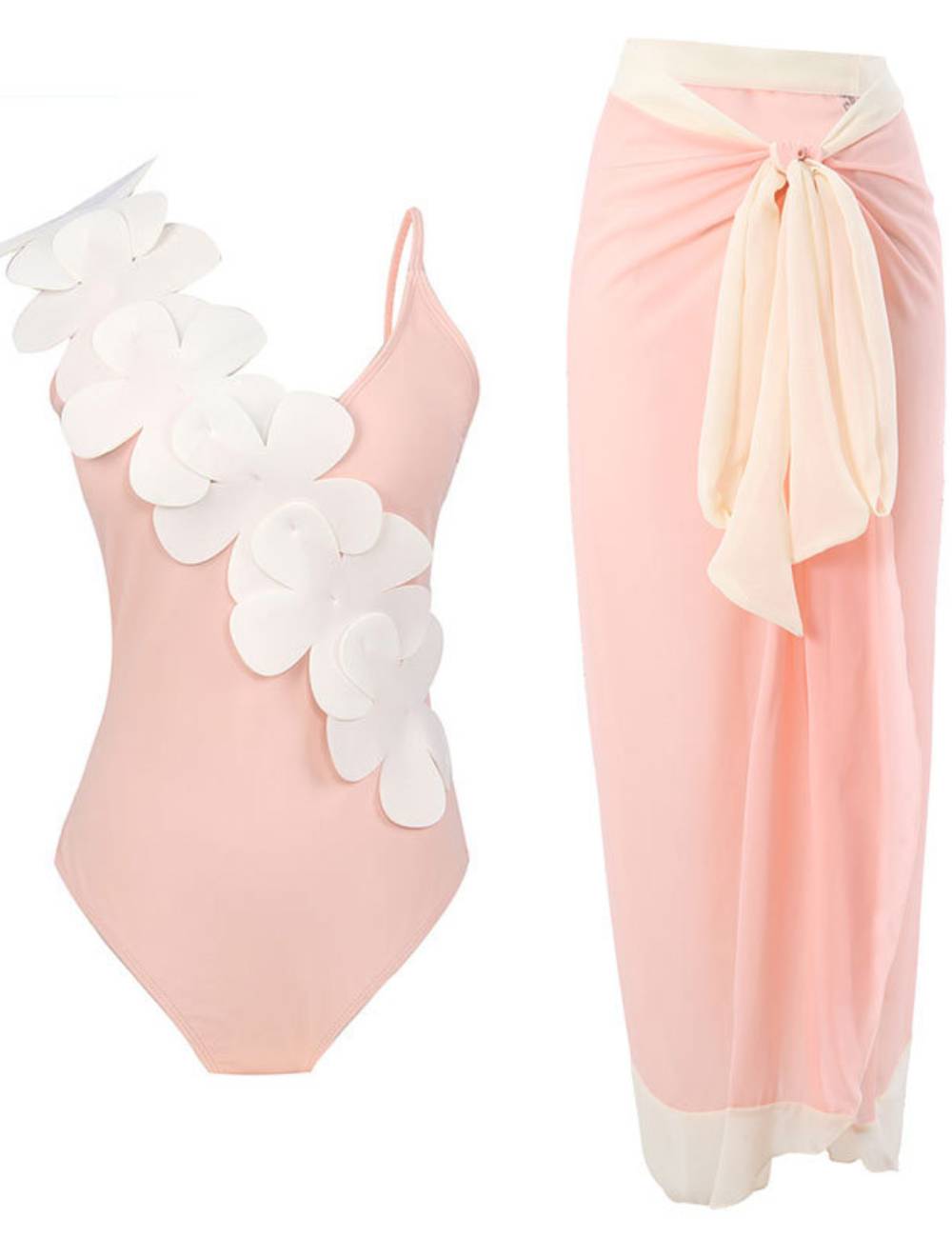 Flower Shoulder One Piece Swimwear 2PCS Set SKSW40141