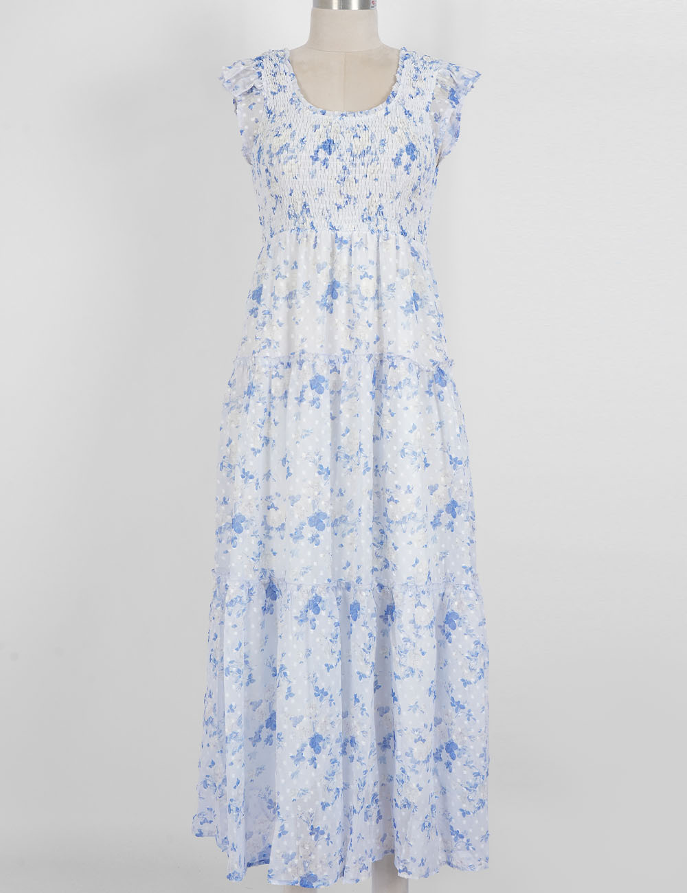Ladies Floral Print Ruffle Sleeves Tiered Hem Smocked Maxi Dress