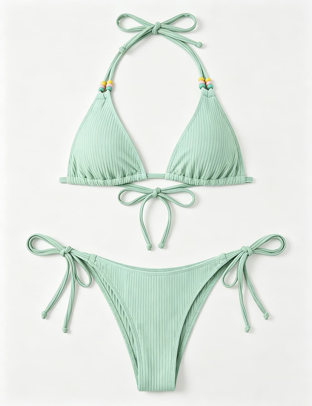 Ladies Ribbed Beaded Halter Triangle 2 Piece Bikini Set