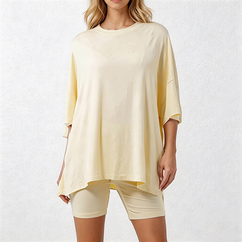 Ladies Solid Loungewear Outfits Loose Top & Slim Shorts Set