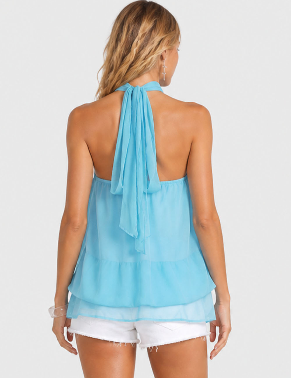 Ladies Chiffon Stand Neck Solid Color Ruffle Hem Sleeveless Top