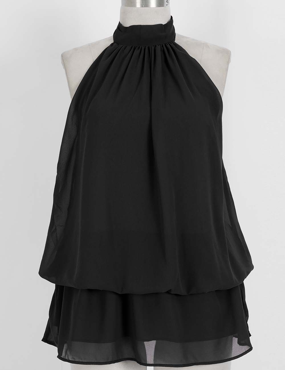 Ladies Chiffon Stand Neck Solid Color Ruffle Hem Sleeveless Top