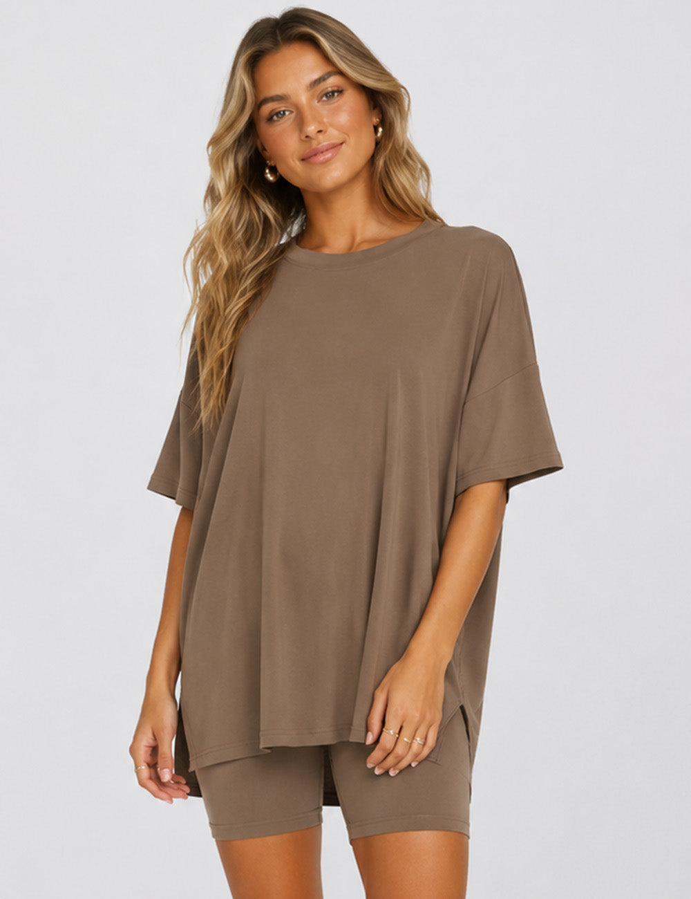 Ladies Solid Loungewear Outfits Loose Top & Slim Shorts Set