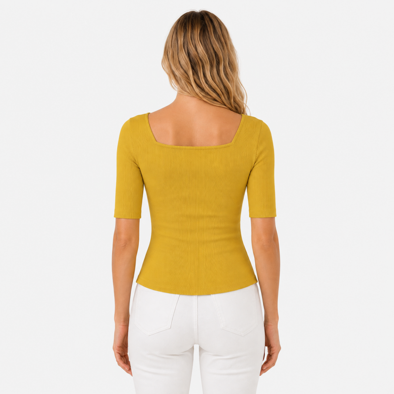 Ladies Scoop Neck Button Short Sleeve Top