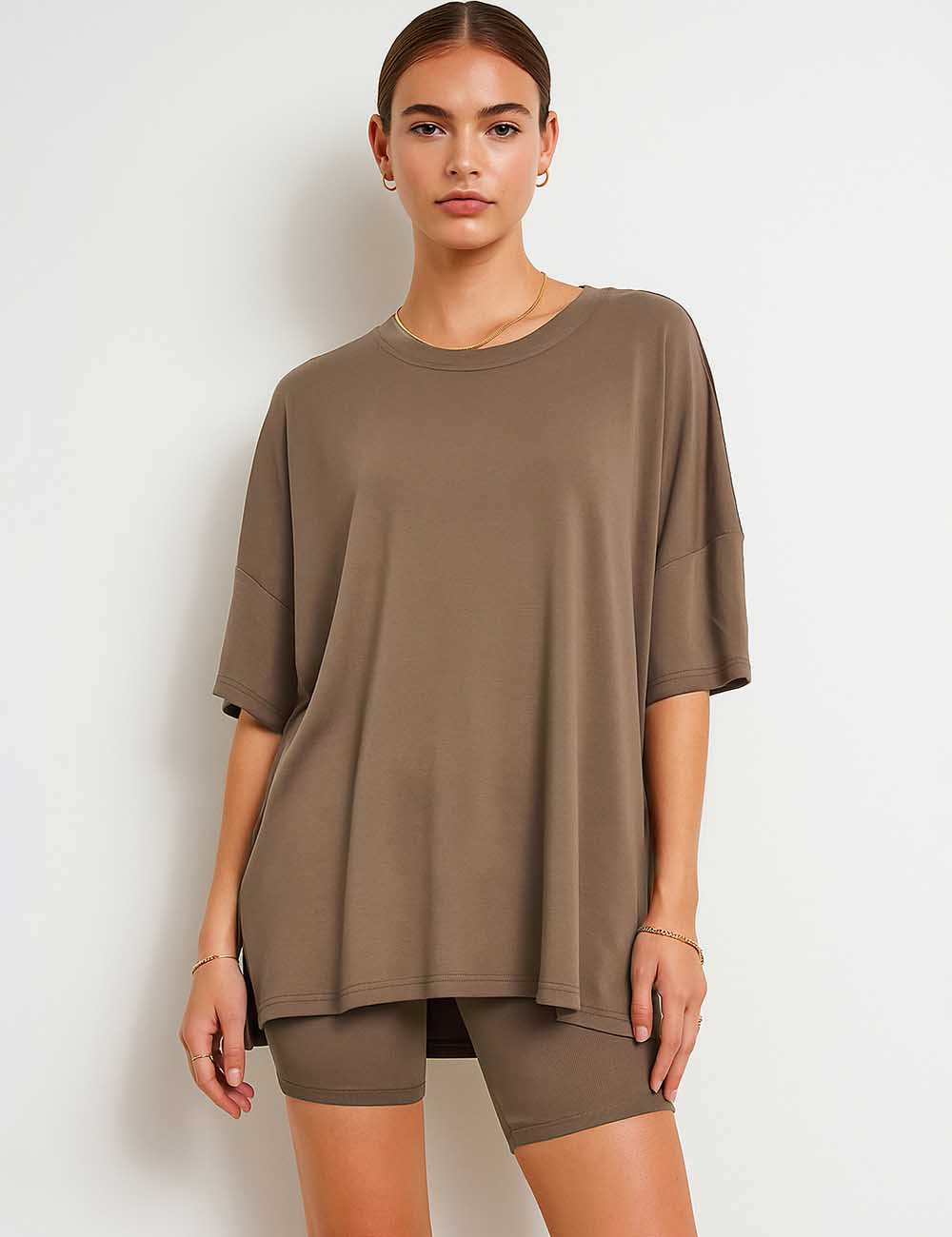 Ladies Solid Loungewear Outfits Loose Top & Slim Shorts Set