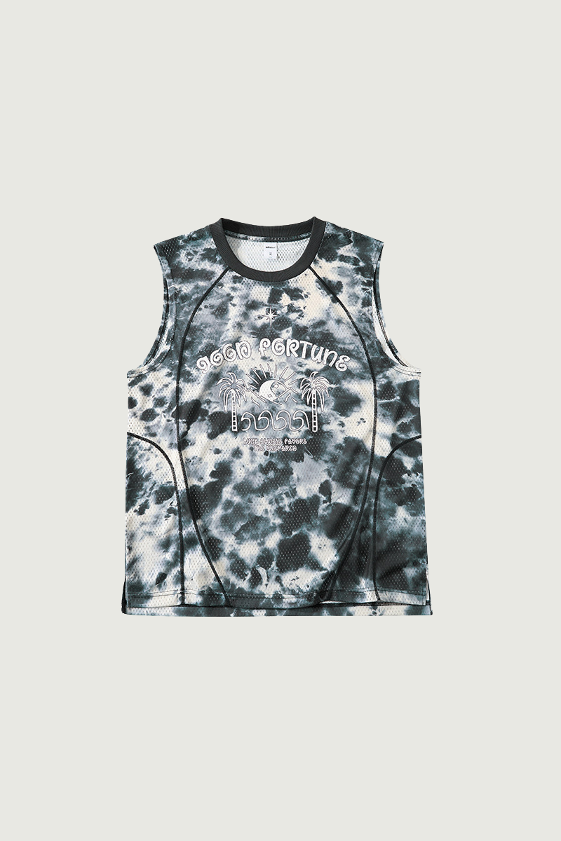 Men's Tie Dye Palm Print Mesh Seamless Sleeveless Tee
