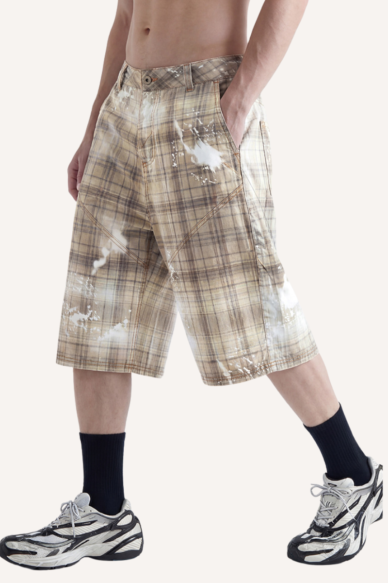 Men's 2026 Summer Curved Cargo 7/8 Plaid Washed Pants