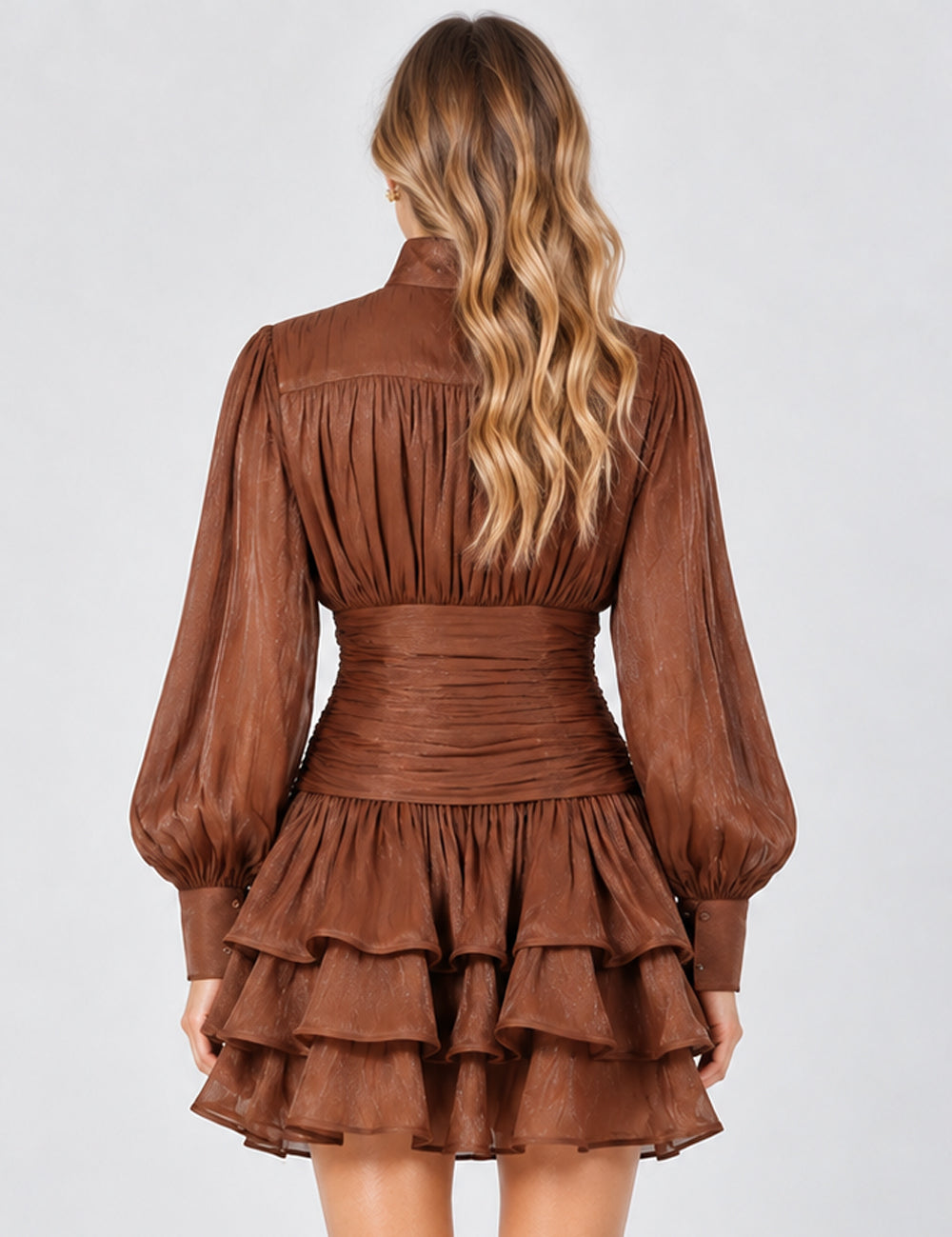Ladies Puff Sleeve Ruched Waist Tiered Ruffle Mini Dress