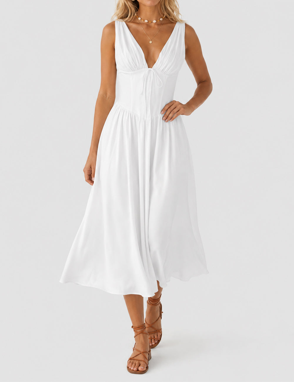 Ladies White Deep V Neck Ruched Bust Midi Dress