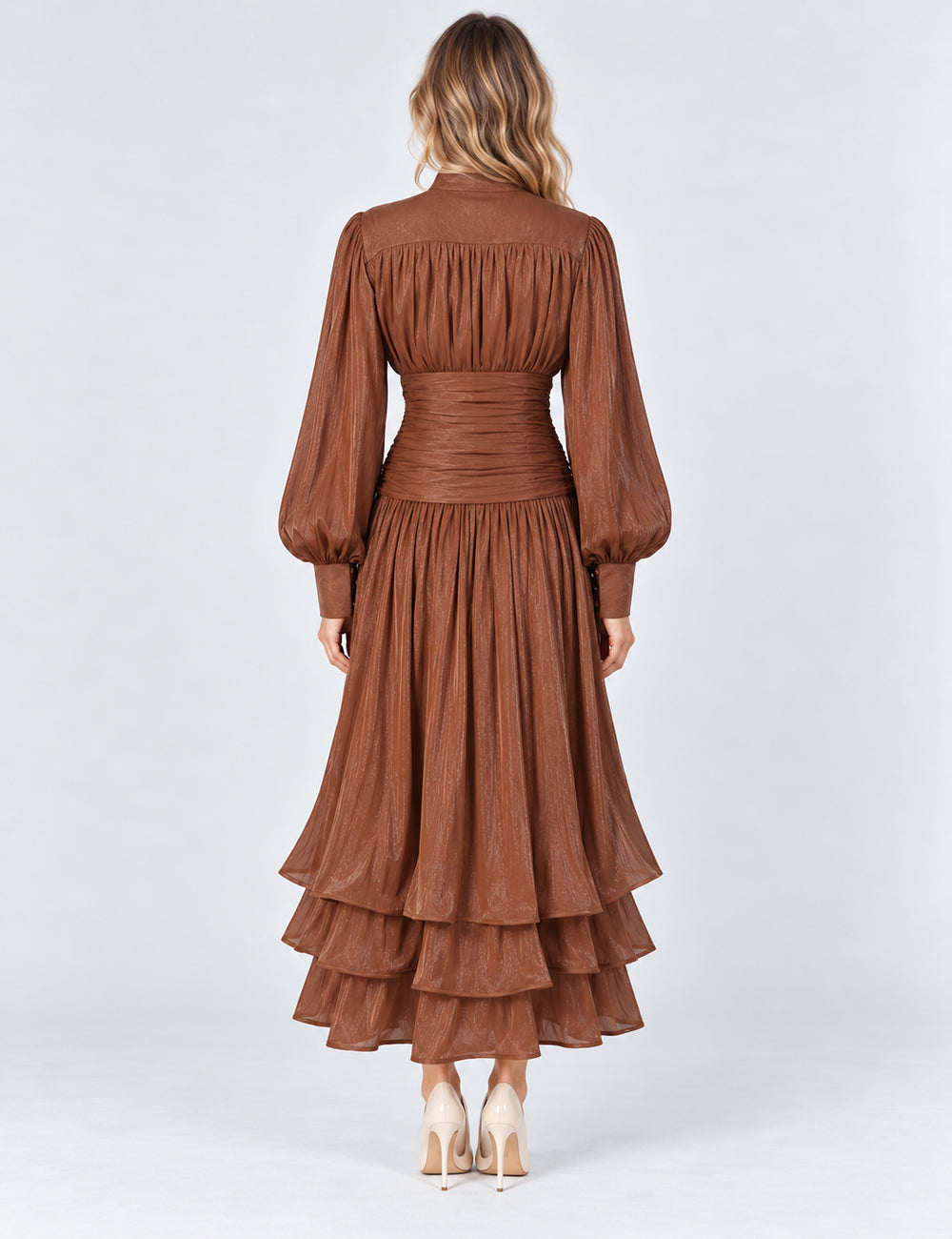 Ladies Puff Sleeves Ruched Button Tiered Midi Dress