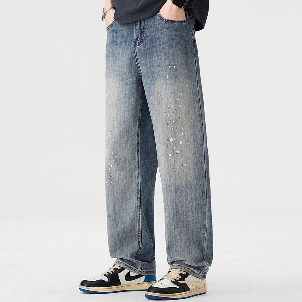 Men's Spring Light Blue Washed Splatter Paint Straight Jeans