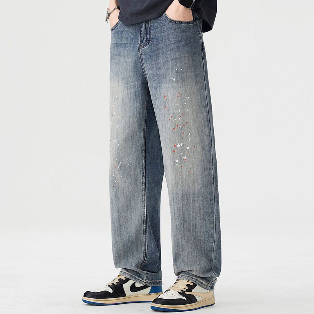 Men's Spring Light Blue Washed Splatter Paint Straight Jeans
